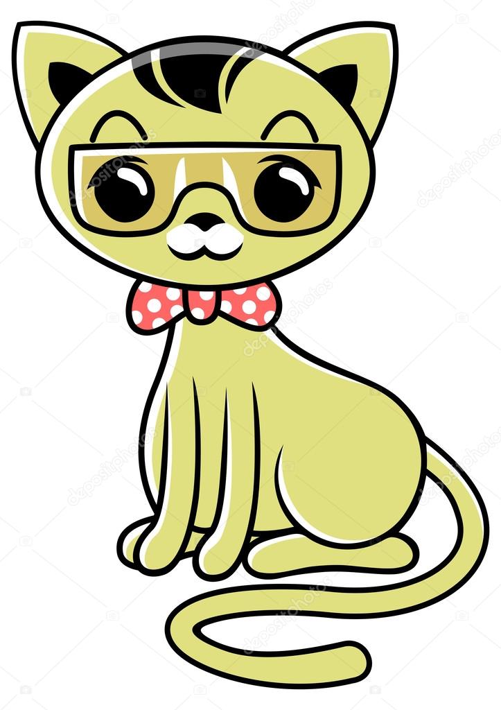 Cartoon brown cat with glasses and pink necktie
