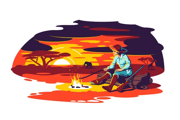 Charakter siedzieć w pobliżu ognia w sawannie — Wektor stockowy