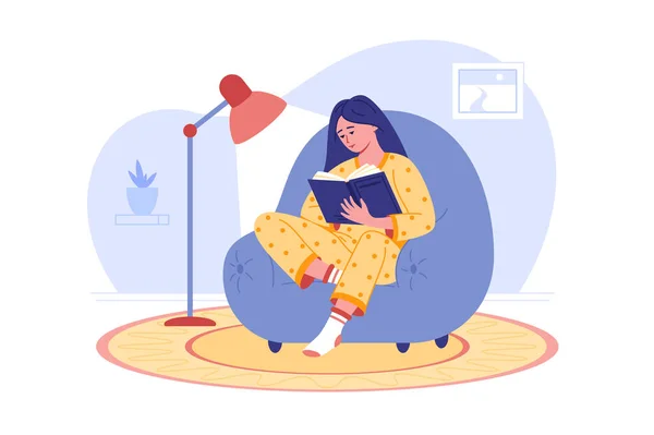 Girl reading book in cozy chair — Stock Vector