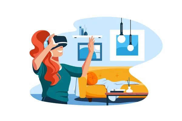 Woman in virtual reality glasses spending time — Stock vektor