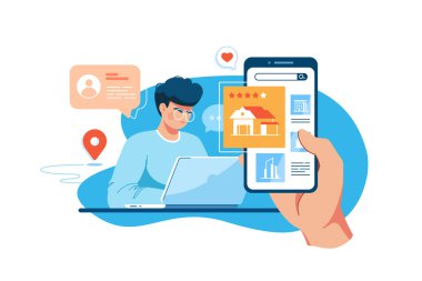 Adam kiralık bir yer arıyor, internette inceleme yapıyor.