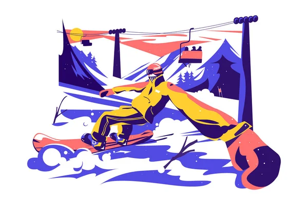 Snowboarder deslizante en la montaña de nieve en traje — Vector de stock