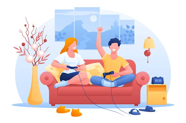 Paar spielt gemeinsam Computerspiele zu Hause — Stockvektor