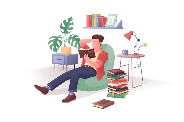 Mann liest Buch zu Hause, Alphabetisierungstag — Stockvektor