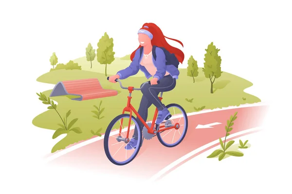Žena Cyklistka Jízda Kole Venku Přírodním Pozadí Vektorové Ilustrace Cyklistický — Stockový vektor