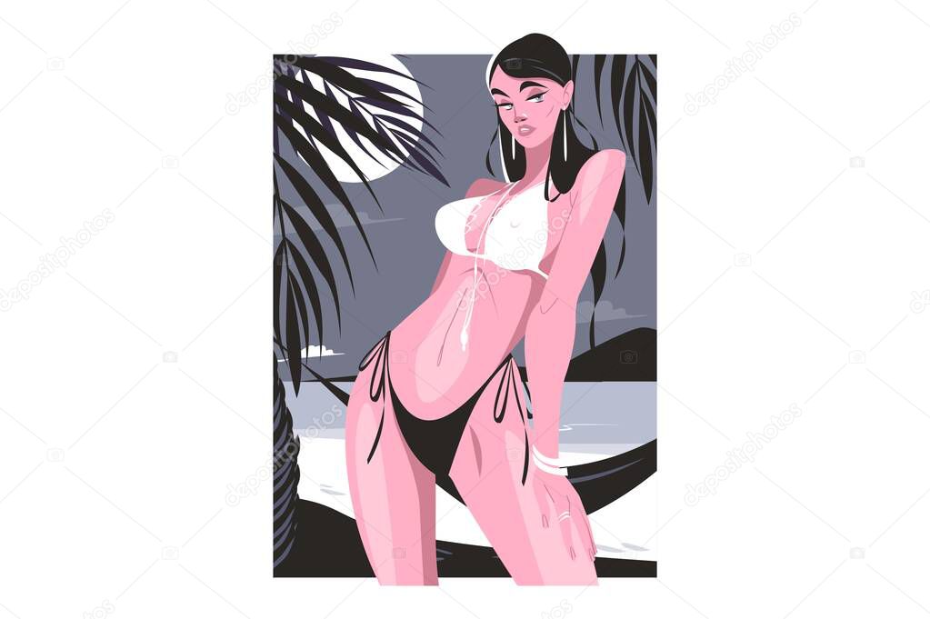 Cute girl posing on beach vector illustration. Fit sporty woman in swimsuit on vacation flat style. Ocean and moon landscape. Summer holiday, trip, beauty, modeling concept.