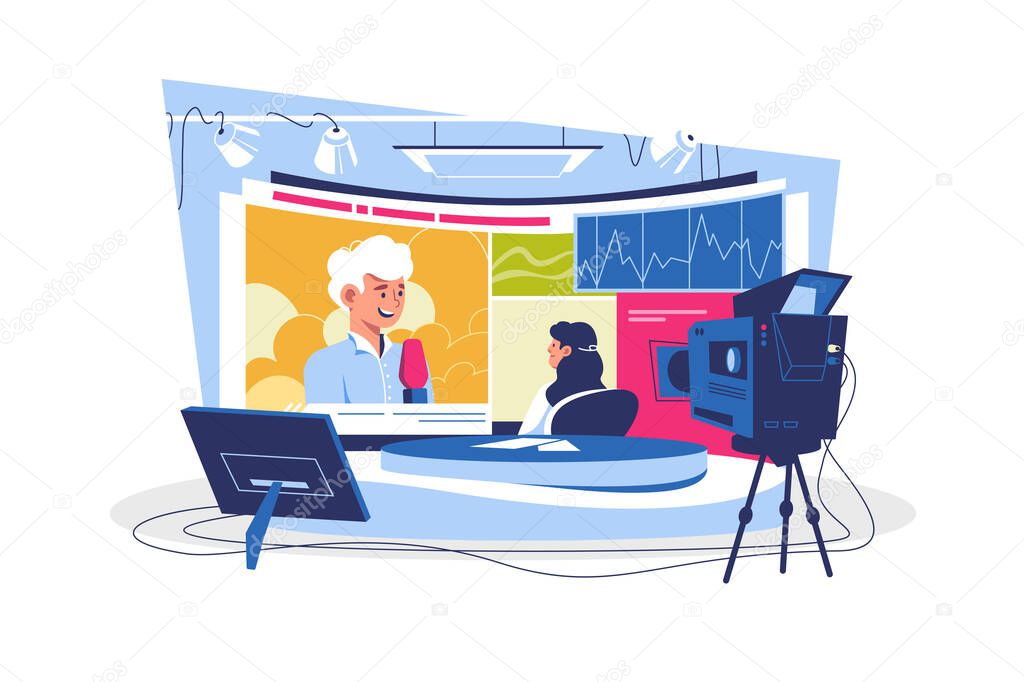News room, television broadcasting of live streaming reportage vector illustration.