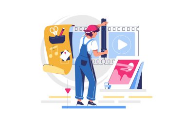 Video düzenleme veya video üretimi ve montaj vektör illüstrasyonu. Video düzenleme özel tasarım düz stil konsepti. Hareket tasarımcısı fikri