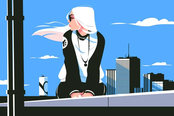 Girl Sitting Building Roof Vector Illustration Woman Pensive Mood Dreaming — Stock Vector