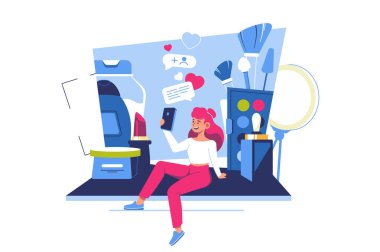 Güzellik blogcusu vlog vektör illüstrasyonu için makyaj videosu kaydediyor. Kozmetik veya güzellik ürünleri incelemesi