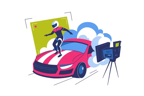 拍摄过程与汽车撞车和特技演员矢量插图 电影运动制作 娱乐业 — 图库矢量图片