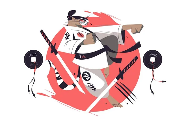 Samurai Tiger Traditioneller Kleidung Vektor Illustration Krieger Kampfposition Scharfe Schwerter — Stockvektor