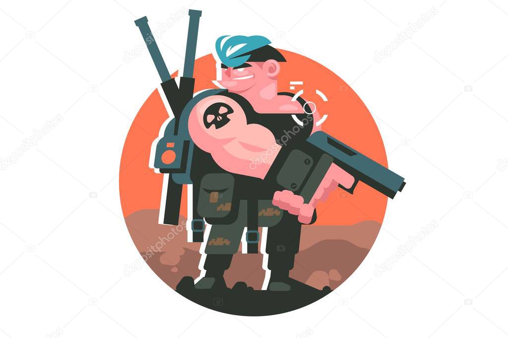 Gamer boy character with weapons vector illustration. Player with gun, shooting in aim flat style. Online games, addiction concept