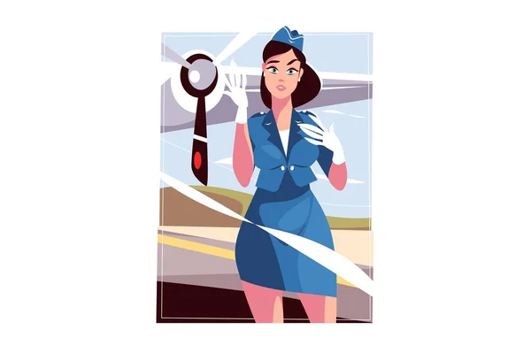 Stewardess Blue Uniform Work Vector Illustration Airport Flight Worker Flat — стоковый вектор