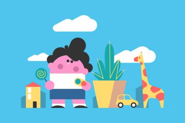 Küçük oğlan lolipop vektör çizimi ile yürüyor. Parkta şeker yalayan bir çocuk. Çocukluk, tatlı, atıştırmalık konsepti.