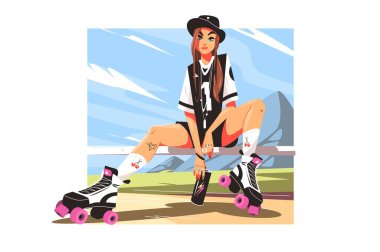 Teenage girl on roller skates vector illustration. Cool girl sit in park with energy drink flat style. Fashion, hobby, sport, fun concept
