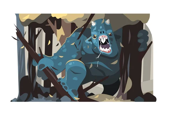 Big Grey Angry Forest Troll Vector Illustration Forest Creature Break — Stock Vector
