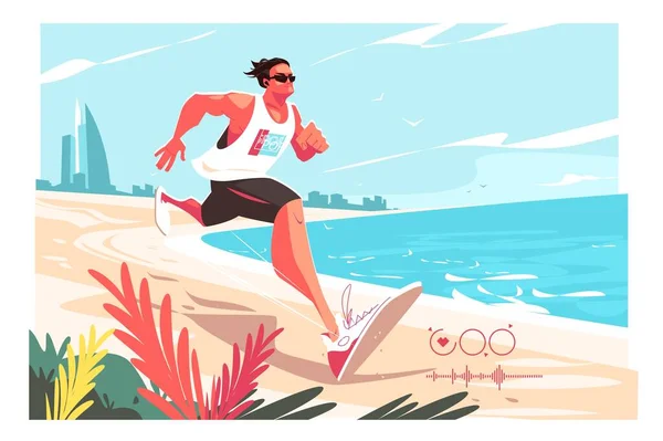 Strong Male Jogging Beach Ocean Vector Illustration Hold Tempo While — Stockový vektor