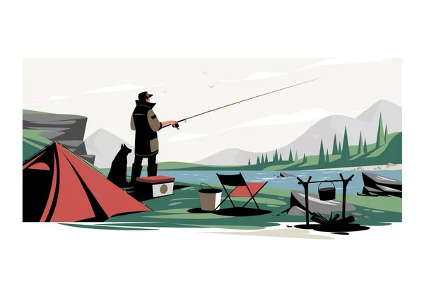 Lonely man fishing on lake with dog pet vector illustration. Fisherman enjoy time in nature flat style. Hobby, fresh air, tent concept