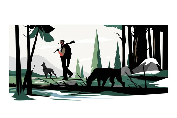 Man Hunter Gun Hunting Dogs Vector Illustration Huntsman Shotgun Forest — Vetor de Stock