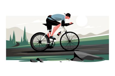 Highlands vektör illüstrasyonunda bisikletli bir adam. Dağ bisikletçisi düz stil tasarım. Olağanüstü spor konsepti. Dağlar manzarası