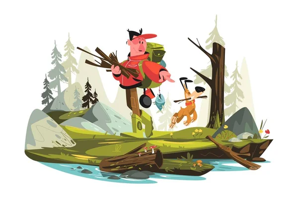 Man collecting brushwood for campfire with dog vector illustration. Guy holding firewood for kindling bonfire flat concept. Wild nature and active leisure