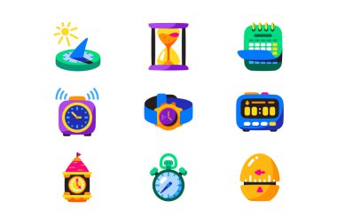 Zaman aygıtları simgeleri vektör illüstrasyonunu ayarlar. Güneş saati, kum saati, takvim, alarm saati, kronometre ve saat düz stili kavram