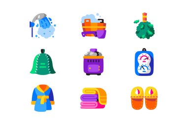 Sauna ve banyo aksesuarları vektör illüstrasyonunu ayarlar. Sauna ya da hamam elementleri, havlu, şapka, çırpı çırpı ve havlu. Spa, rahatlama konsepti