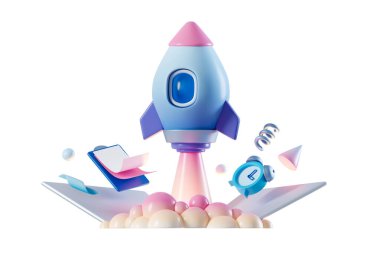 Uzay gemisi roket öğle yemeği 3D çizimi. İş kurma ve yeni proje konsepti. Uzayda uçan roket