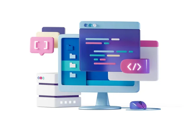 Bilgisayar programlama ya da geliştirme yazılımı 3 boyutlu resimleme. Kodlama sembolleri ve programlama pencereleri. Bilgi teknolojileri kavramı