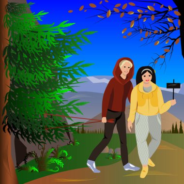 Selfie ormanda yürüyor. Mutlu gülümseyen adam ve kadın dağların arka planında birlikte yürüyorlar. Çizgi film. Düz. Vektör illüstrasyonu.