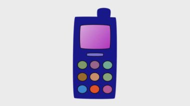 Beyaz arka planda renkli düğmeleri ve siyah arka planı olan mavi bir cep telefonu. Canlandırılmış simge.