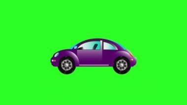 Animasyon arabası. Arabalı çizgi film. Oyuncak araba. Yeşil arka planda dönen çarkları olan mavi arabalı Violet. Canlandırma.