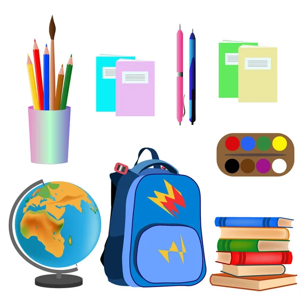 Schule Gemacht Globus Bücherstapel Tasche Notizbücher Bleistifte Stifte Pinsel Farben — Stockvektor