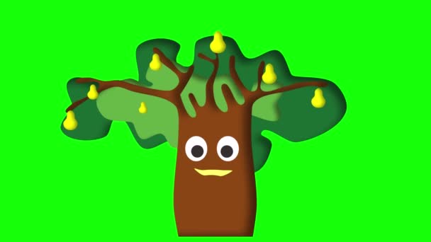 Cartoon Smiling Tree Eyes Swaying Branches Green Crown Which Pears — Stock Video