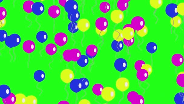 Сиреневые Жёлтые Синие Шарики Поднимаются Воздух Зелёном Фоне Анимация Воздушных — стоковое видео