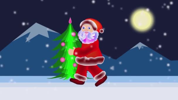 Babbo Natale Porta Albero Natale Neve Sta Cadendo Dal Cielo — Video Stock