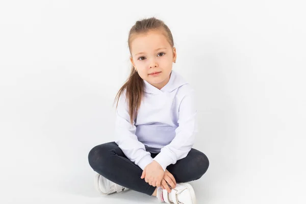 Girl White Blank Hoodie Sits White Background Kids Hoodies Mockup — Stock Photo, Image