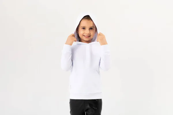 Chica Con Capucha Blanca Niños Sudaderas Con Capucha Maqueta —  Fotos de Stock