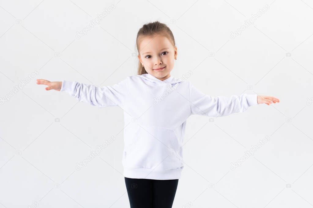Funny girl in white blank hoodie. Mock-up.