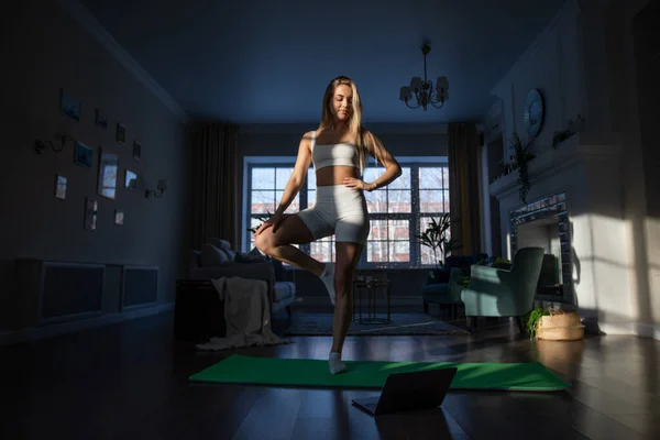 Mujer Atractiva Haciendo Yoga Línea Utilizando Ordenador Portátil Casa — Foto de Stock