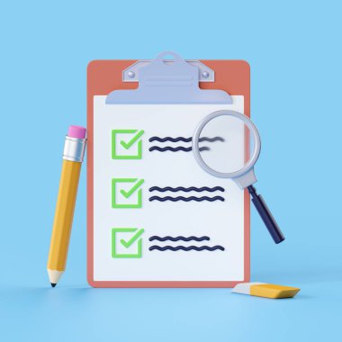 Kontrol listesi oluşturma 3d - kağıt anketi, hedefli not defteri, kontrol listesi simgesi, ofis kalemi ve cam büyüteç. Kontrat formu konsepti, tam iş belgesi. Mavi arkaplanda çizgi film görevi