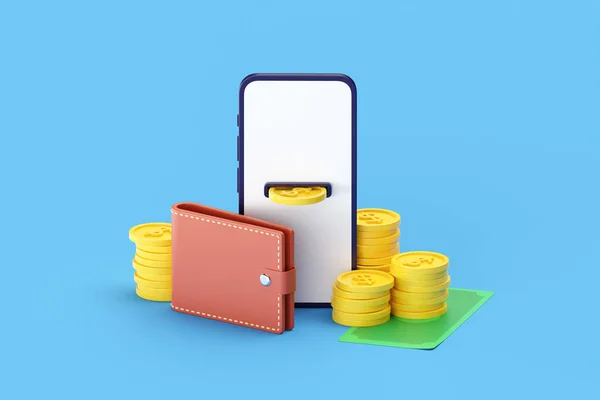 Nakit 3D görüntüleme ve para iade ikonu sunar. Ödeme, internet üzerinden para çekme uygulaması ve transfer teklifi. İnternet maaş promosyonu. Cüzdan, üzerinde akıllı telefon olan bozuk para yığını