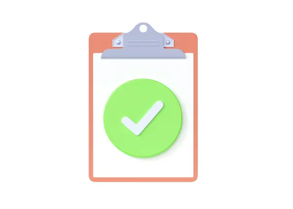 Checkmark 3d render icon - complete contract paper document with clipboard, success task. Yes goal sign with board, agree element and confirm check concept. Warranty notepad for business work