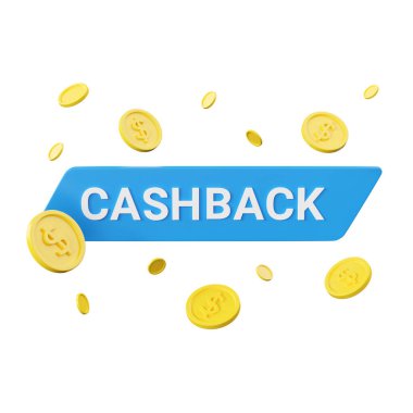 Nakit 3D resimleme ve para iade ikonu sunar. İndirimli kart etiketi. Bayrağı iade et, rozet tasarımını iade et ve mavi arkaplanda izole edilmiş dolar işaretini kaydet