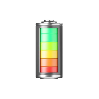 Batarya 3D simgesi - tam kapasiteli, enerji cam deposu. Güç şarjı işareti, lityum elementi çizimi. Beyaz arkaplanda izole edilmiş mobil uygulama ve bilgisayar için gösterge konseptini şarj et