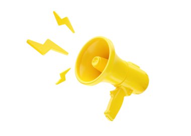 3D hoparlör, dikkat hoparlörü, mikrofon anonsu ve ses illüstrasyonlu uyarı reklamı. Beyaz arka planda izole edilmiş yüksek sesli megafon simgesi konsepti