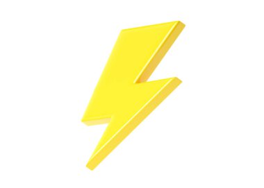 Yıldırım 3 boyutlu simge oluşturma - gök gürültüsü gücü, enerji sürgüsü ve elektrik flaşı. Beyaz zemin üzerinde izole edilmiş hızlı yıldırım çizgi film tehlike sembolü