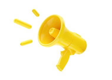 El hoparlörü 3D yorumlayıcı - insanlar hoparlör, mikrofon ve ses illüstrasyonuyla iletişim reklamı kiralıyor. Beyaz arka planda izole edilmiş yüksek sesli megafon simgesi konsepti