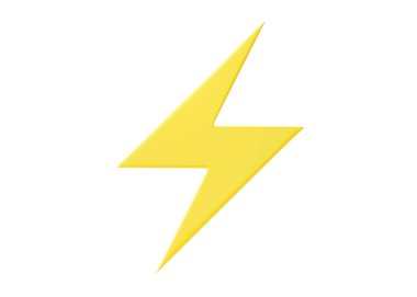 Yıldırım 3D illüstrasyon - gök gürültüsü güç simgesi, enerji yıldırımı ve elektrik flaşı. Beyaz arkaplanda izole edilmiş hızlı şimşek çizgi film sembolü